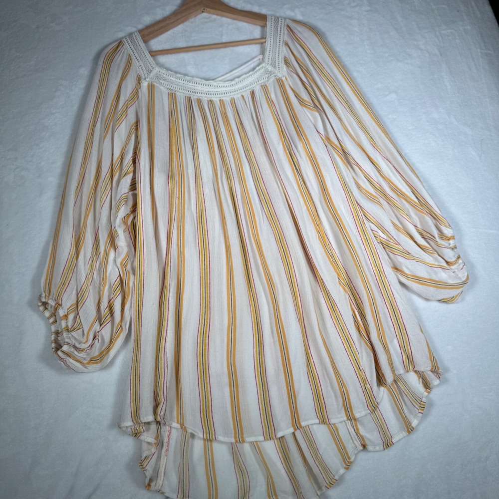 Urban Outfitters Striped Boho Lace Trim Peasant Top Square Neck Balloon Sleeve S